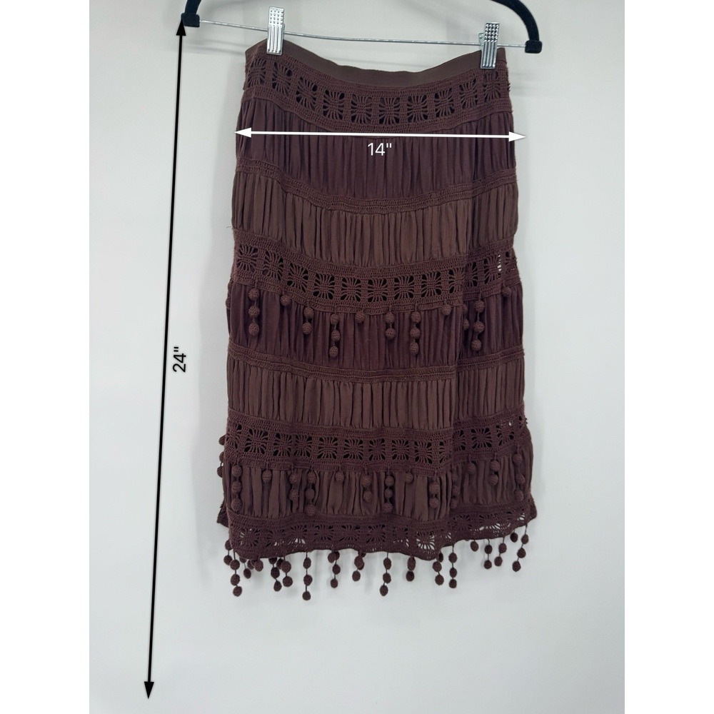 Trina Turk Los Angeles Brown Y2K silk Skirt‎ Pom Pom trim festival artsy boho - Picture 3 of 10